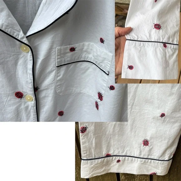 Printfresh + Anthropologie Organic Cotton Embroidery Ladybug Long PJ Set Sz M - Picture 9 of 15